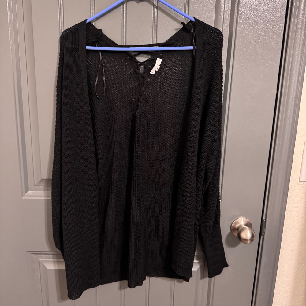 Mine Black Cardigan Sweater Lightweight Knit Open Front